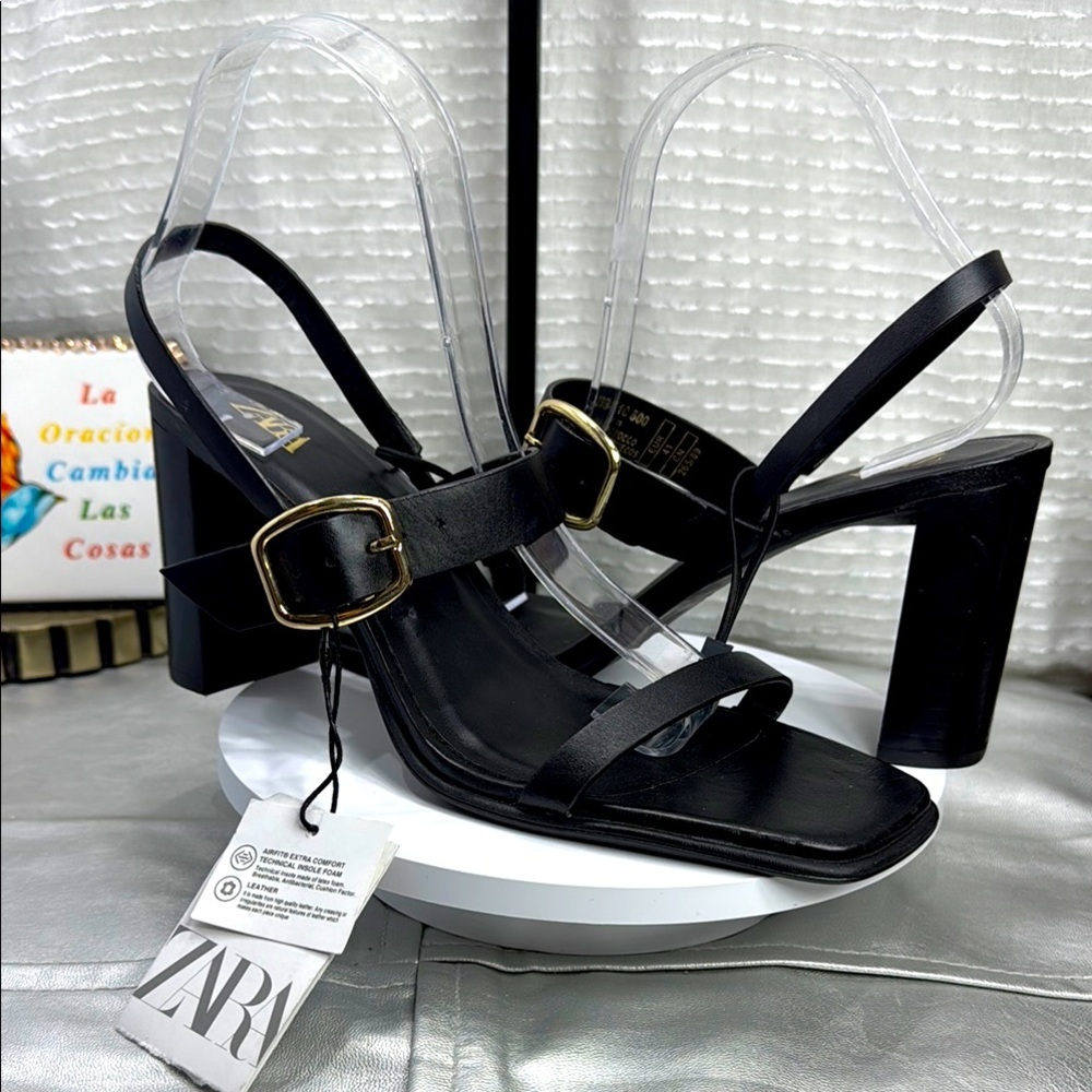 (C2) Zara Black NWT Leather Heeled Buckle Sandals, Size 41/10 USA - Picture 2 of 16